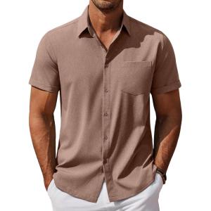 imageCOOFANDY Mens Cool Button Down Shirt Short Sleeve Summer Beach Shirts Linen Texture Casual Shirts with PocketDark Brown
