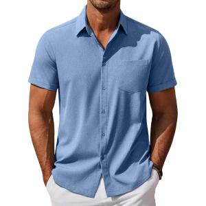 imageCOOFANDY Mens Cool Button Down Shirt Short Sleeve Summer Beach Shirts Linen Texture Casual Shirts with PocketDenim Blue
