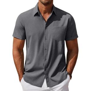imageCOOFANDY Mens Cool Button Down Shirt Short Sleeve Summer Beach Shirts Linen Texture Casual Shirts with PocketGray