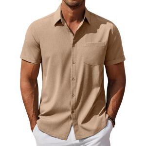 imageCOOFANDY Mens Cool Button Down Shirt Short Sleeve Summer Beach Shirts Linen Texture Casual Shirts with PocketKhaki