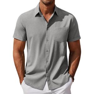 imageCOOFANDY Mens Cool Button Down Shirt Short Sleeve Summer Beach Shirts Linen Texture Casual Shirts with PocketLight Gray