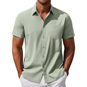 imageCOOFANDY Mens Cool Button Down Shirt Short Sleeve Summer Beach Shirts Linen Texture Casual Shirts with PocketLight Green