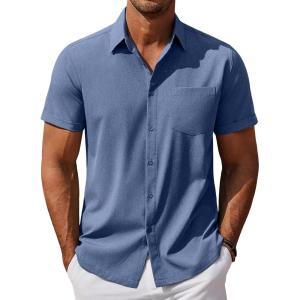 imageCOOFANDY Mens Cool Button Down Shirt Short Sleeve Summer Beach Shirts Linen Texture Casual Shirts with PocketNavy Blue