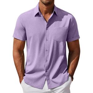 imageCOOFANDY Mens Cool Button Down Shirt Short Sleeve Summer Beach Shirts Linen Texture Casual Shirts with PocketPurple
