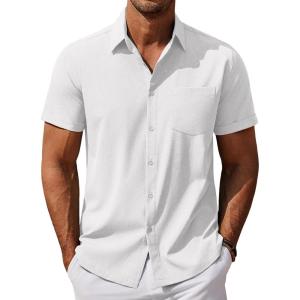 imageCOOFANDY Mens Cool Button Down Shirt Short Sleeve Summer Beach Shirts Linen Texture Casual Shirts with PocketWhite