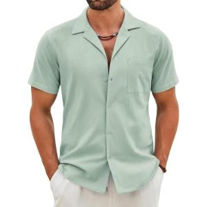 imageCOOFANDY Mens Cotton Linen Shirt Casual Button Down Short Sleeve Shirts Summer Cuban Vacation Beach Shirts with PocketLight Green