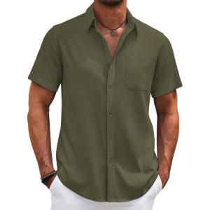 imageCOOFANDY Mens Cotton Linen Shirts Short Sleeve Casual Shirts Summer Button Down Shirt Linen Beach Vacation ShirtArmy Green