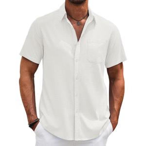 imageCOOFANDY Mens Cotton Linen Shirts Short Sleeve Casual Shirts Summer Button Down Shirt Linen Beach Vacation ShirtAwhite