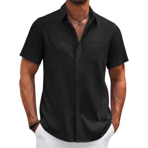 imageCOOFANDY Mens Cotton Linen Shirts Short Sleeve Casual Shirts Summer Button Down Shirt Linen Beach Vacation ShirtBlack