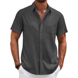 imageCOOFANDY Mens Cotton Linen Shirts Short Sleeve Casual Shirts Summer Button Down Shirt Linen Beach Vacation ShirtDark Gray