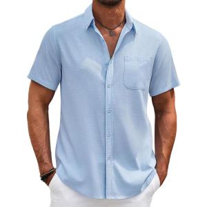 imageCOOFANDY Mens Cotton Linen Shirts Short Sleeve Casual Shirts Summer Button Down Shirt Linen Beach Vacation ShirtLight Blue