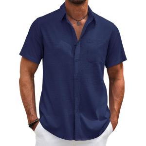 imageCOOFANDY Mens Cotton Linen Shirts Short Sleeve Casual Shirts Summer Button Down Shirt Linen Beach Vacation ShirtNavy Blue