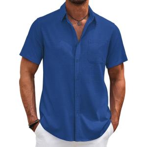 imageCOOFANDY Mens Cotton Linen Shirts Short Sleeve Casual Shirts Summer Button Down Shirt Linen Beach Vacation ShirtRoyal Blue