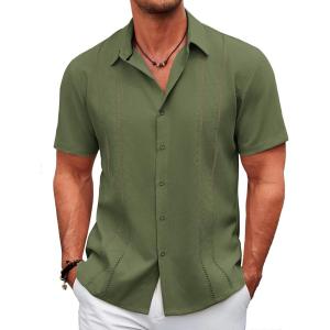 imageCOOFANDY Mens Cuban Guayabera Shirt Casual Short Sleeve Button Down Shirts Summer Beach ShirtsArmy Green
