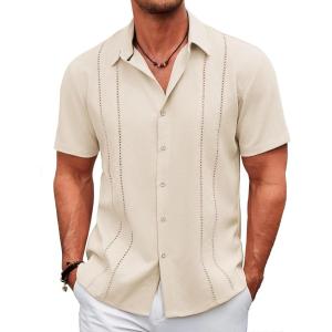 imageCOOFANDY Mens Cuban Guayabera Shirt Casual Short Sleeve Button Down Shirts Summer Beach ShirtsBeige
