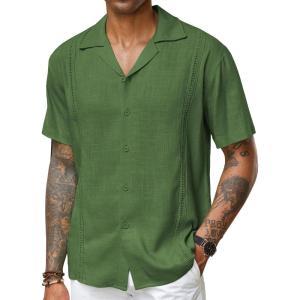 imageCOOFANDY Mens Cuban Guayabera Shirt Short Sleeve Button Down Shirts Casual Summer Beach Linen ShirtsA  Army Green