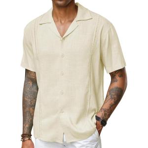 imageCOOFANDY Mens Cuban Guayabera Shirt Short Sleeve Button Down Shirts Casual Summer Beach Linen ShirtsA  Beige