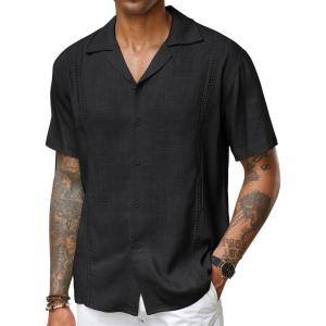 imageCOOFANDY Mens Cuban Guayabera Shirt Short Sleeve Button Down Shirts Casual Summer Beach Linen ShirtsA  Black