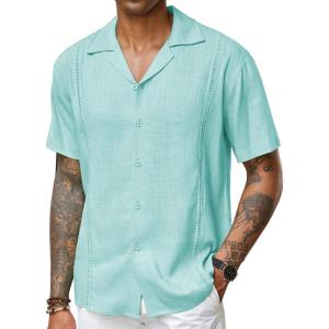 imageCOOFANDY Mens Cuban Guayabera Shirt Short Sleeve Button Down Shirts Casual Summer Beach Linen ShirtsA  Celadon Green