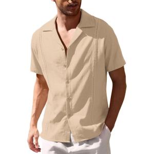 imageCOOFANDY Mens Cuban Guayabera Shirt Short Sleeve Button Down Shirts Casual Summer Beach Linen ShirtsA  Dark Khaki