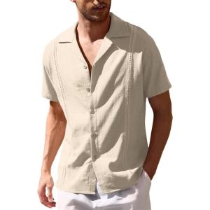 imageCOOFANDY Mens Cuban Guayabera Shirt Short Sleeve Button Down Shirts Casual Summer Beach Linen ShirtsA  Light Khaki