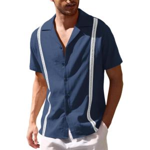imageCOOFANDY Mens Cuban Guayabera Shirt Short Sleeve Button Down Shirts Casual Summer Beach Linen ShirtsA  Navy Blue  White