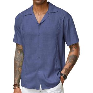 imageCOOFANDY Mens Cuban Guayabera Shirt Short Sleeve Button Down Shirts Casual Summer Beach Linen ShirtsA  Navy Blue