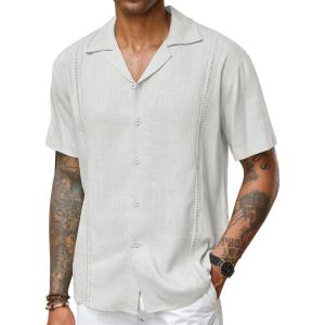 imageCOOFANDY Mens Cuban Guayabera Shirt Short Sleeve Button Down Shirts Casual Summer Beach Linen ShirtsA  White