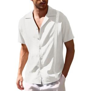 imageCOOFANDY Mens Cuban Guayabera Shirt Short Sleeve Button Down Shirts Casual Summer Beach Linen ShirtsA  White Paisley