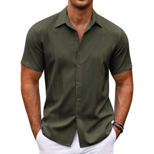 imageCOOFANDY Mens Cuban Guayabera Shirt Short Sleeve Button Down Shirts Casual Summer Beach ShirtsArmy Green