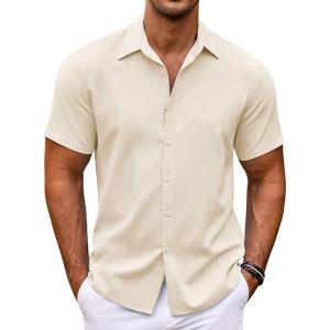 imageCOOFANDY Mens Cuban Guayabera Shirt Short Sleeve Button Down Shirts Casual Summer Beach ShirtsBeige