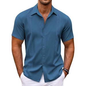 imageCOOFANDY Mens Cuban Guayabera Shirt Short Sleeve Button Down Shirts Casual Summer Beach ShirtsDenim Blue