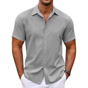 imageCOOFANDY Mens Cuban Guayabera Shirt Short Sleeve Button Down Shirts Casual Summer Beach ShirtsLight Grey