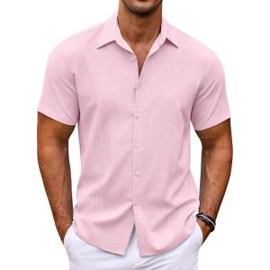 imageCOOFANDY Mens Cuban Guayabera Shirt Short Sleeve Button Down Shirts Casual Summer Beach ShirtsLight Pink