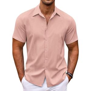 imageCOOFANDY Mens Cuban Guayabera Shirt Short Sleeve Button Down Shirts Casual Summer Beach ShirtsMisty Rose
