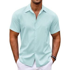 imageCOOFANDY Mens Cuban Guayabera Shirt Short Sleeve Button Down Shirts Casual Summer Beach ShirtsSky Blue