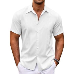 imageCOOFANDY Mens Cuban Guayabera Shirt Short Sleeve Button Down Shirts Casual Summer Beach ShirtsWhite