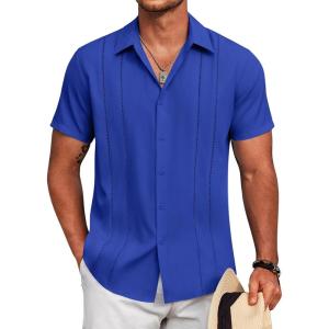 imageCOOFANDY Mens Cuban Guayabera Shirt Short Sleeve Button Down Shirts Summer Beach Vacation ShirtsBright Royal
