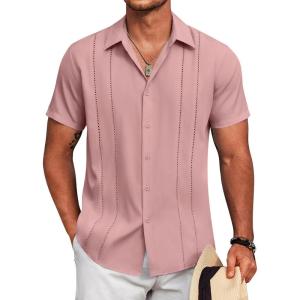 imageCOOFANDY Mens Cuban Guayabera Shirt Short Sleeve Button Down Shirts Summer Beach Vacation ShirtsDusty Pink