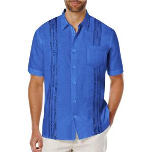 imageCOOFANDY Mens Cuban Guayabera Shirt Short Sleeve Linen Button Down Shirts Casual Summer Beach TopsRoyal Blue
