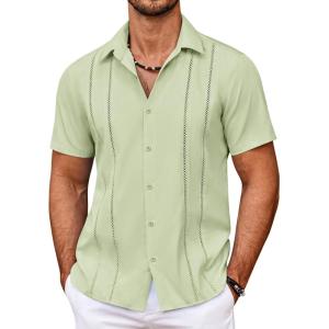 imageCOOFANDY Mens Cuban Guayabera Shirt Summer Beach Vacation Shirt Casual Short Sleeve Button Down Resort WearSea Foam