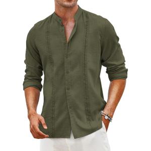 imageCOOFANDY Mens Cuban Guayabera Shirts Casual Long Sleeve Button Down Shirts Band Collar Linen Summer Beach ShirtsArmy Green