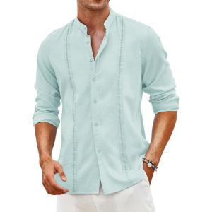 imageCOOFANDY Mens Cuban Guayabera Shirts Casual Long Sleeve Button Down Shirts Band Collar Linen Summer Beach ShirtsBaby Blue