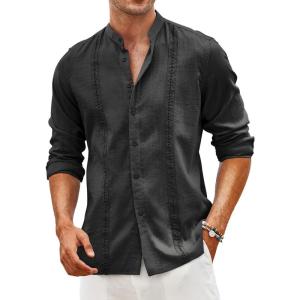 imageCOOFANDY Mens Cuban Guayabera Shirts Casual Long Sleeve Button Down Shirts Band Collar Linen Summer Beach ShirtsBlack
