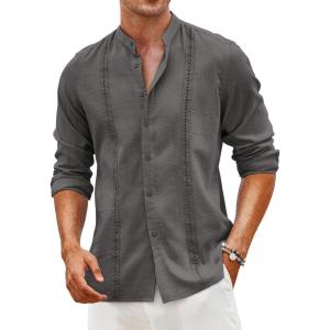 imageCOOFANDY Mens Cuban Guayabera Shirts Casual Long Sleeve Button Down Shirts Band Collar Linen Summer Beach ShirtsDark Grey