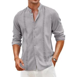 imageCOOFANDY Mens Cuban Guayabera Shirts Casual Long Sleeve Button Down Shirts Band Collar Linen Summer Beach ShirtsGrey