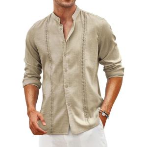 imageCOOFANDY Mens Cuban Guayabera Shirts Casual Long Sleeve Button Down Shirts Band Collar Linen Summer Beach ShirtsKhaki