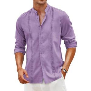 imageCOOFANDY Mens Cuban Guayabera Shirts Casual Long Sleeve Button Down Shirts Band Collar Linen Summer Beach ShirtsLavender