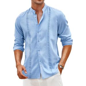 imageCOOFANDY Mens Cuban Guayabera Shirts Casual Long Sleeve Button Down Shirts Band Collar Linen Summer Beach ShirtsLight Blue