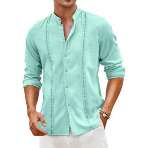 imageCOOFANDY Mens Cuban Guayabera Shirts Casual Long Sleeve Button Down Shirts Band Collar Linen Summer Beach ShirtsLight Green